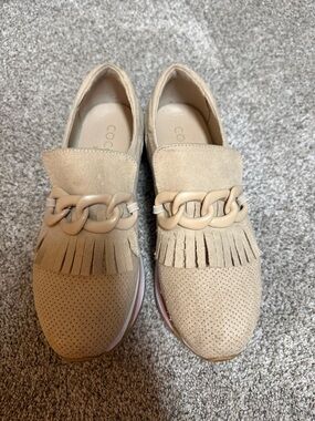 Coconuts by Matisse Beige Suede Fringe Loafers with Chain Detail